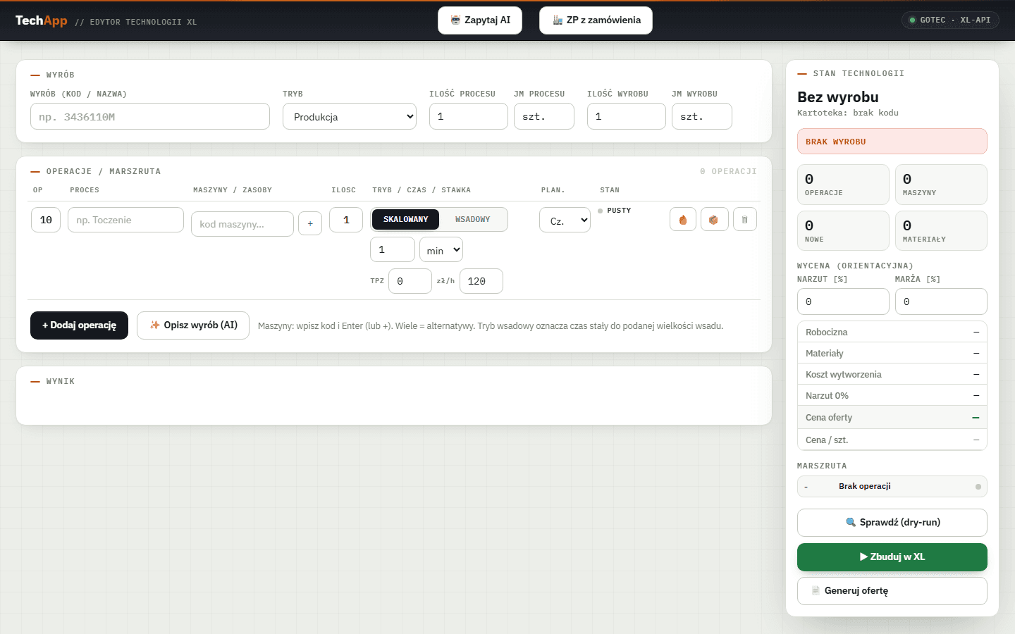 TechApp — edytor technologii produkcyjnej Comarch ERP XL: wyrób, operacje, wycena, dry-run i przycisk Zbuduj w XL