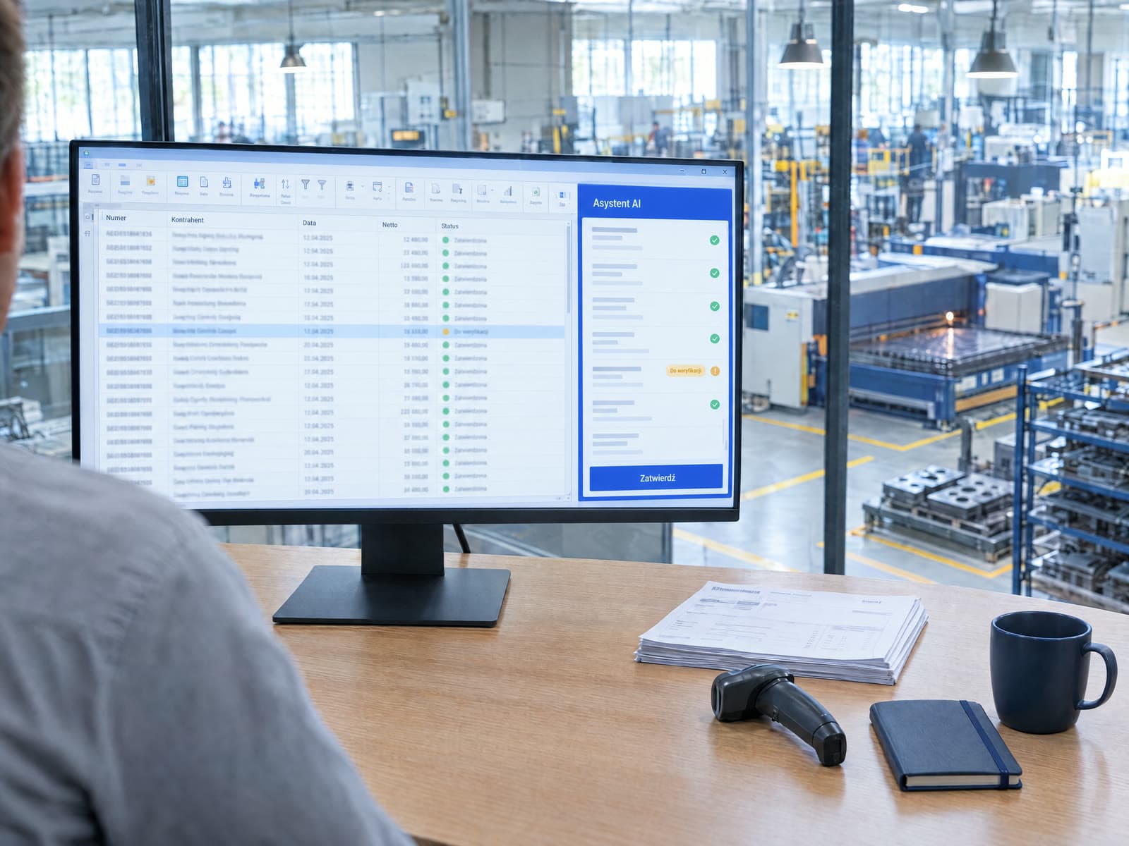 Stanowisko planisty w firmie produkcyjnej: system ERP z panelem asystenta AI, w którym jedna pozycja czeka na weryfikację przed zatwierdzeniem; za szybą hala z wycinarką laserową