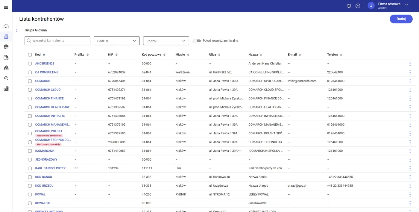 Comarch ERP XL Web 2025.1: lista kontrahentów z wyszukiwarką, filtrami i kolumnami NIP, miasto, ulica, telefon