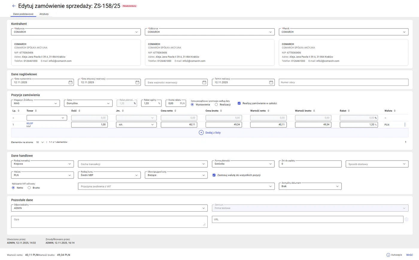 Comarch ERP XL Web 2025.1: formularz edycji zamówienia sprzedaży z sekcjami Kontrahent, Dane nagłówkowe, Pozycje zamówienia i Dane handlowe